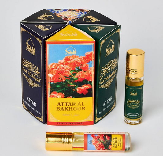 Dukhni Maamoul Attar Oil Set: 6 assorted mini roll-on perfumes (6ml each), ideal for Eid & Ramadan gifts. Arabian oud oil, halal & vegan Islamic scents.
