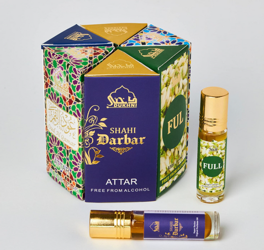 Dukhni Mixed Attar Oil Set: 6 assorted mini roll-on perfumes (6ml each), perfect for Ramadan and Eid. Arabian oud oil fragrances, sampler gift set, Halal & vegan Islamic scents.