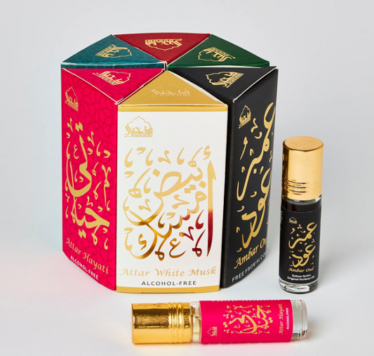 Dukhni Luxury Attar Oil Set: 6 assorted unisex perfumes (6ml each), mini roll-ons, Arabic oud fragrance. Alcohol-free, vegan, perfect for gifting.